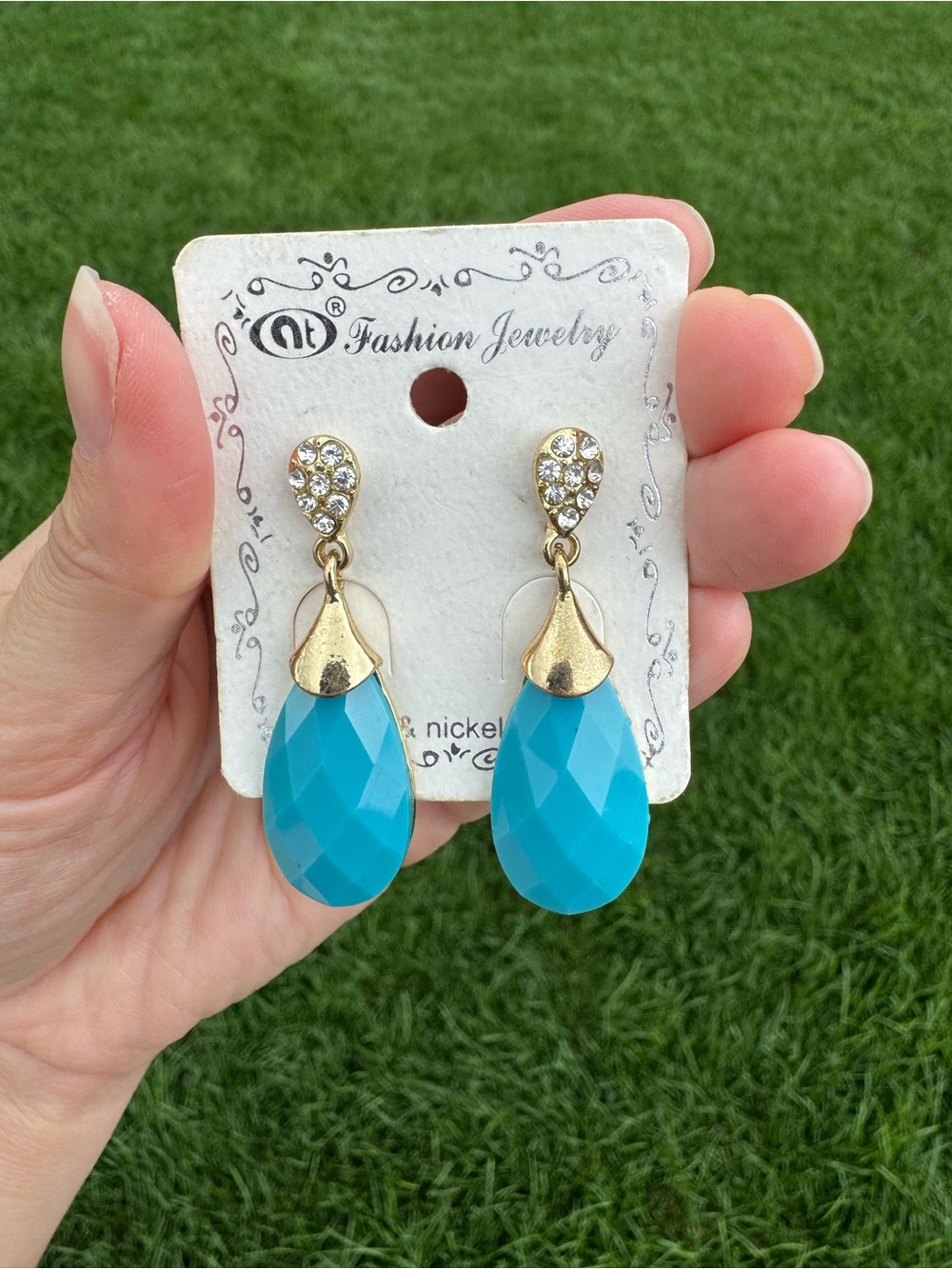 $12 or 3/$30! Fashion Jewelry Gold-Tone Earrings; Blue Teardrop & Rhinestones